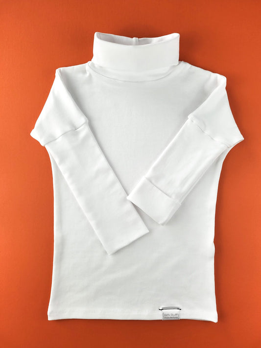 Eco-friendly kids' clothing – gender-neutral White grow with me turtleneck, sustainably made in Canada.
