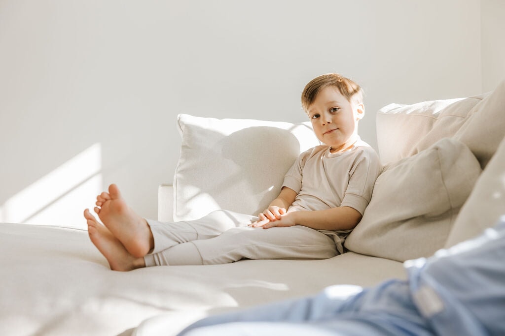 Taupe grow-with-me t-shirt for kids, made from soft Lyocell. Ethically made in Canada for a sustainable and comfy fit.