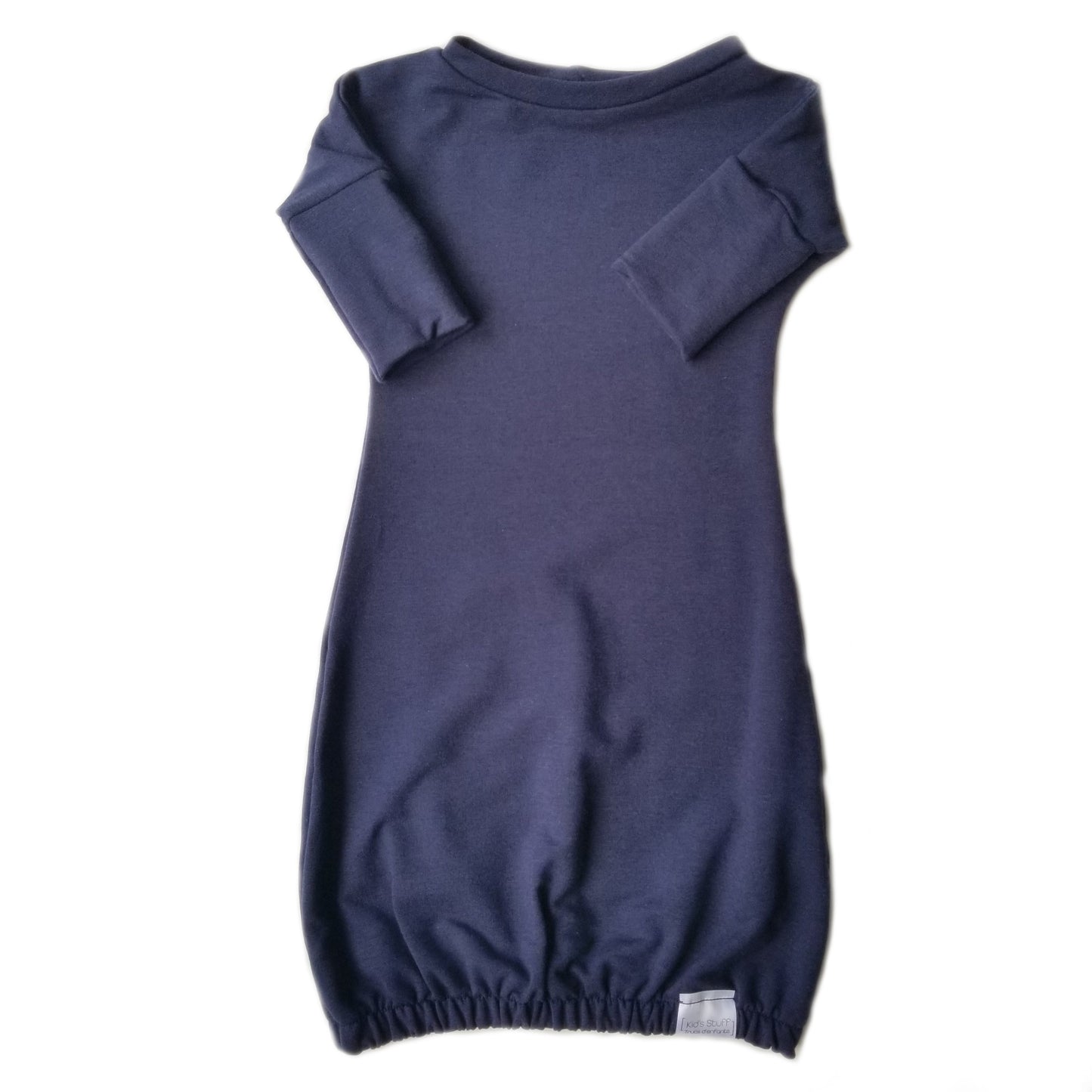 Eco-friendly kids' clothing – gender-neutral navy newborn gown, sustainably made in Canada.