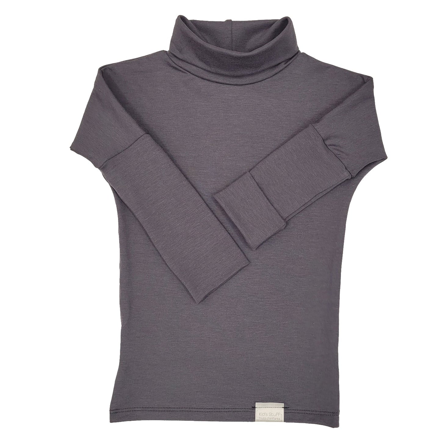 Eco-friendly kids' clothing – gender-neutral Dark Grey grow with me turtleneck, sustainably made in Canada.