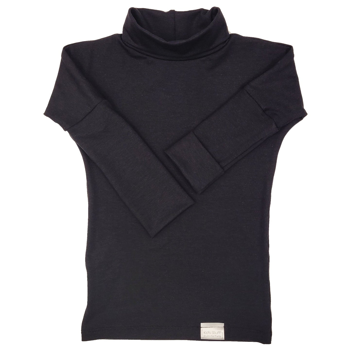 Eco-friendly kids' clothing – gender-neutral Black grow with me turtleneck, sustainably made in Canada.