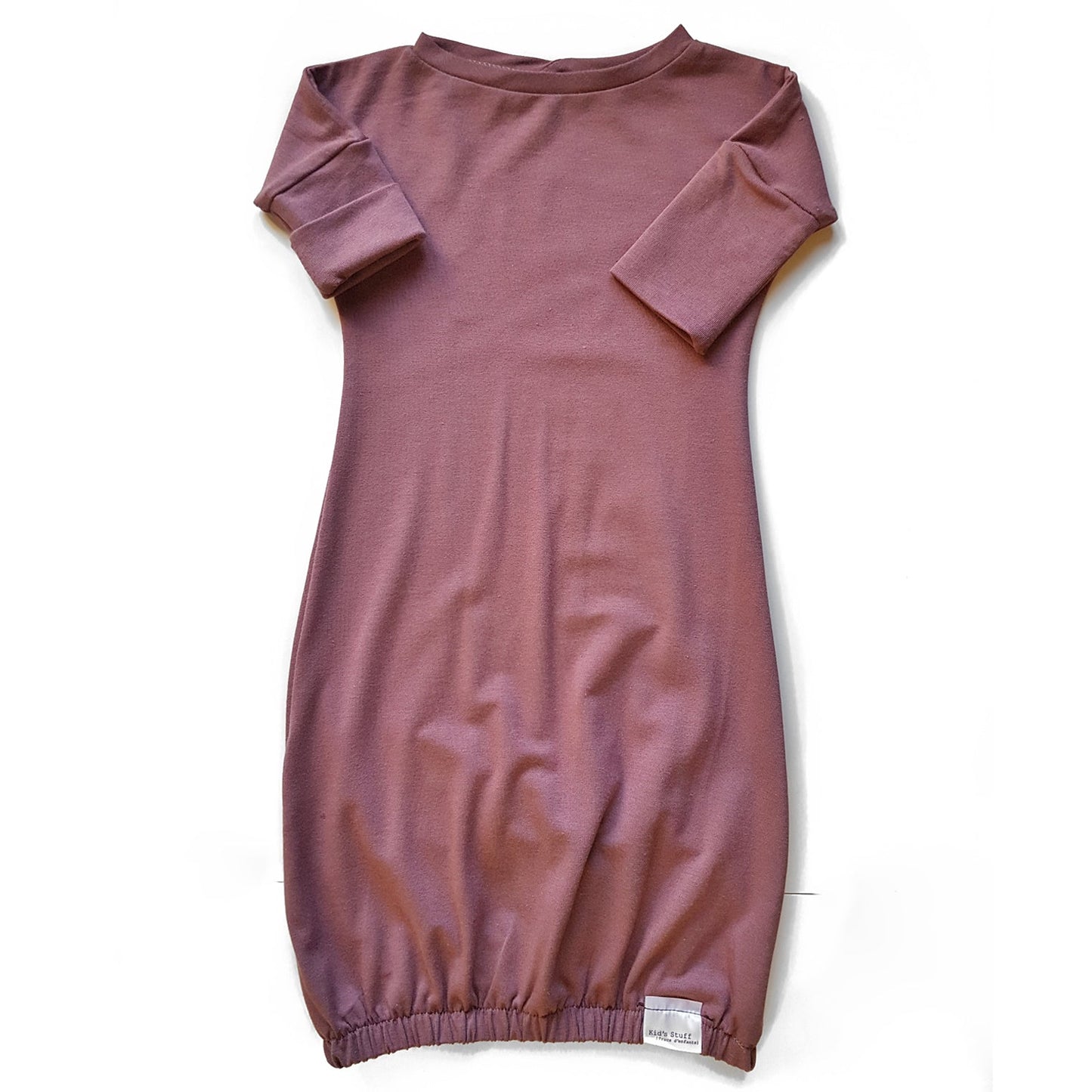 Eco-friendly kids' clothing – gender-neutral rose brown newborn gown, sustainably made in Canada.