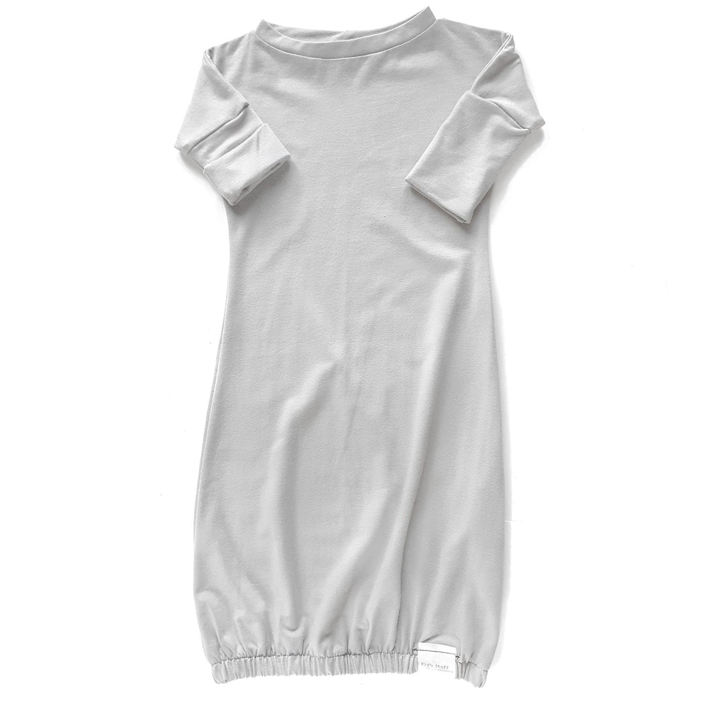 Eco-friendly kids' clothing – gender-neutral taupe newborn gown, sustainably made in Canada.