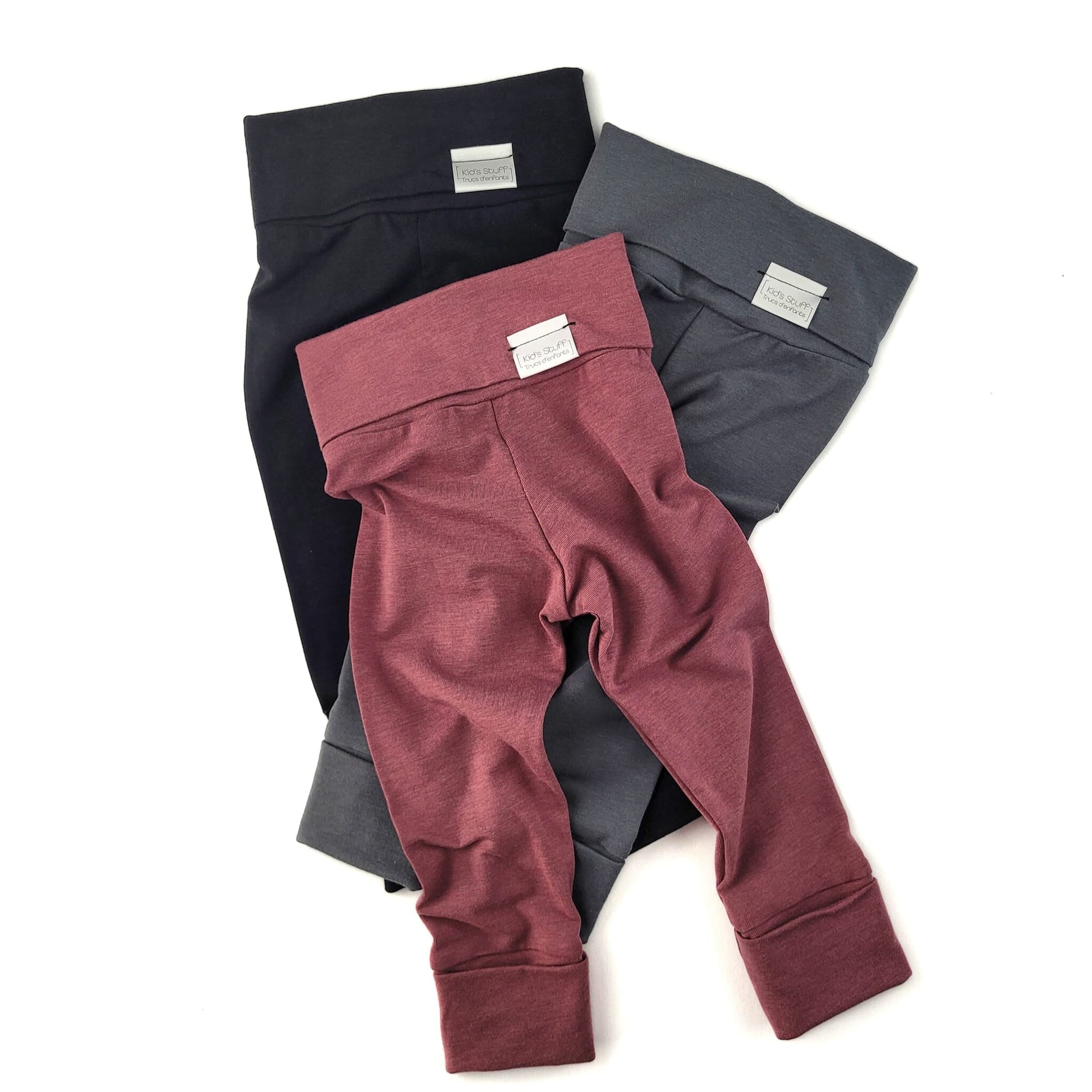 Rose Brown grow-with-me leggings for toddlers, made from soft, eco-friendly fabric. Adjustable waistband and cuffs for a long-lasting fit. Ethically made in Canada.