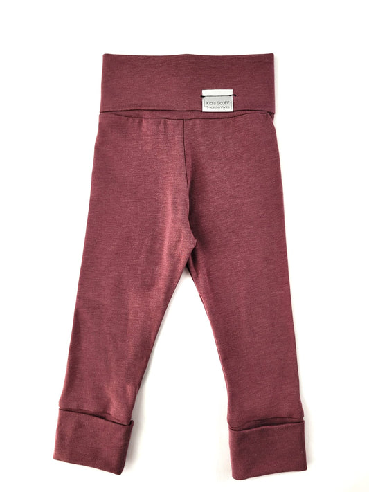 Rose Brown grow-with-me leggings for toddlers, made from soft, eco-friendly fabric. Adjustable waistband and cuffs for a long-lasting fit. Ethically made in Canada.