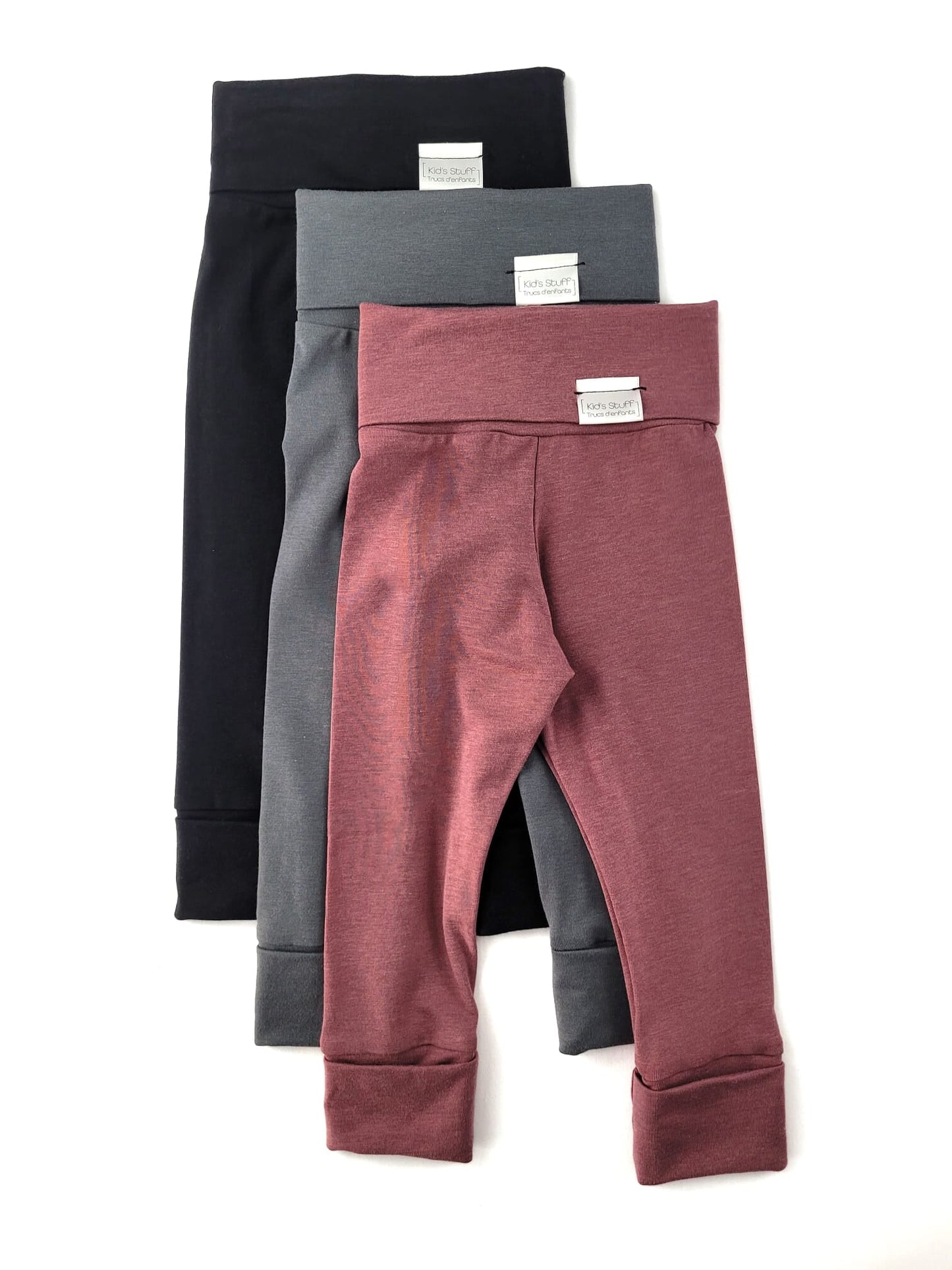 Rose Brown grow-with-me leggings for toddlers, made from soft, eco-friendly fabric. Adjustable waistband and cuffs for a long-lasting fit. Ethically made in Canada.